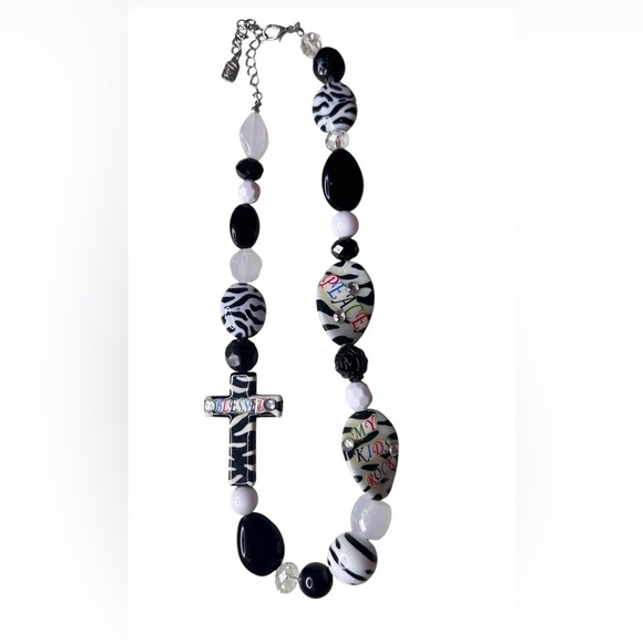 Black and White Beaded Necklace with Cross Pendant - Picture 1 of 3